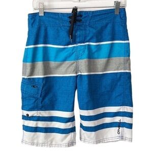 O'Neill Shorts Men's Size 28 Cargo Pocket Lace Up Front Blue Striped Boardshorts